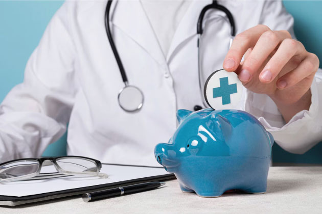 Health advisor adding a coin to a piggy bank, representing savings on health insurance